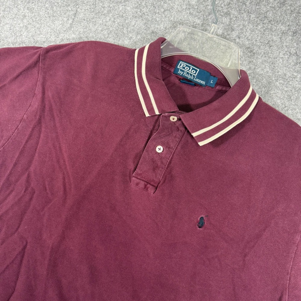 Polo Ralph Lauren Polo Shirt Mens Large Burgundy Striped Collar Pique Cotton